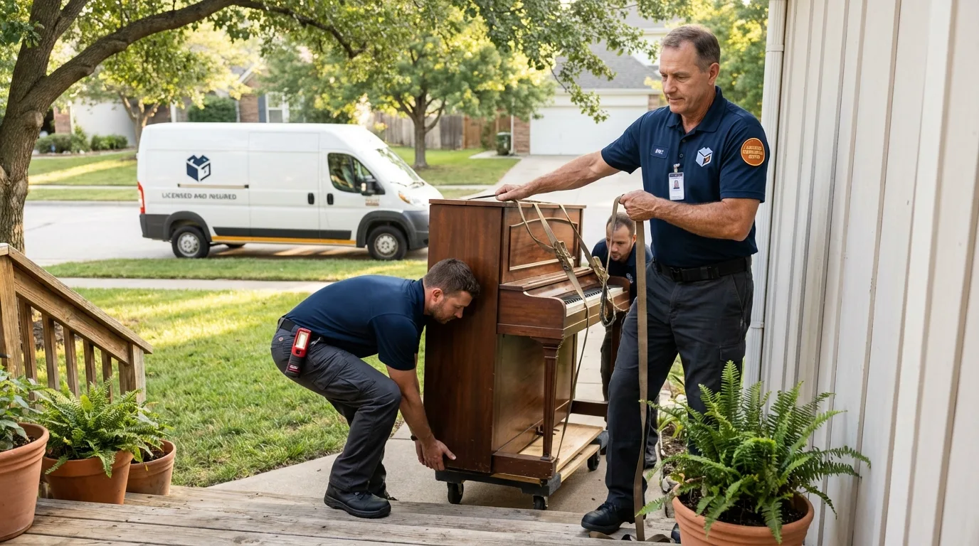 Licensed piano movers securing grand piano in Valparaiso, IN