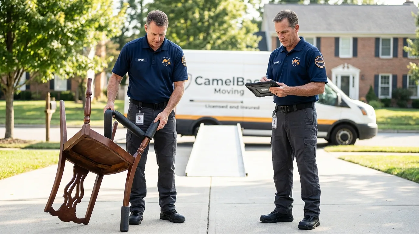 Movers inspecting furniture for damage prevention before loading in Valparaiso, IN